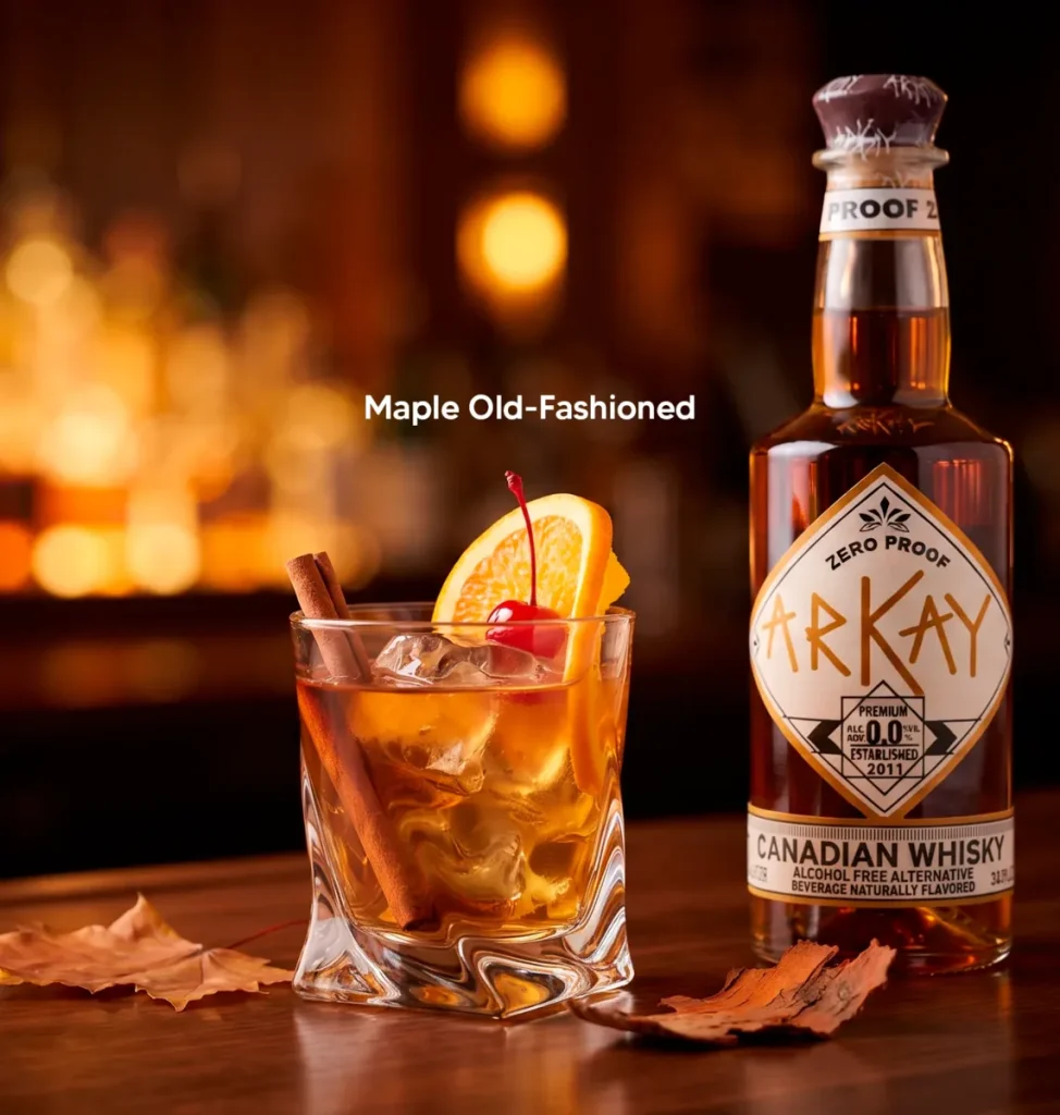 Maple Old Fashioned mocktail made with ARKAY Canadian Whisky Alternative